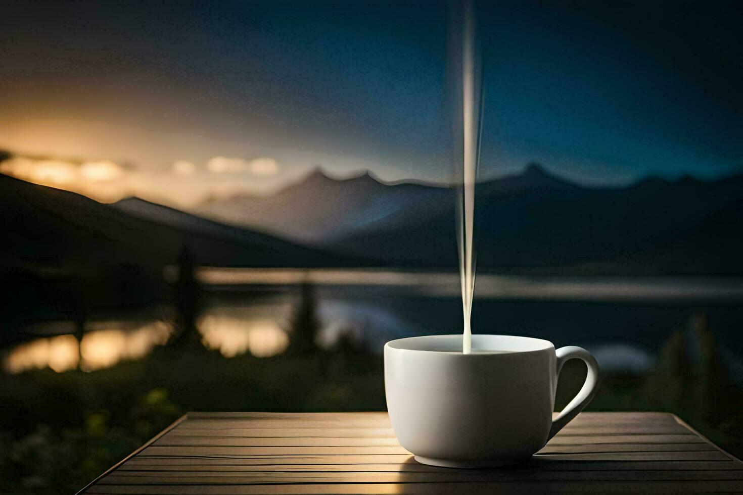 a cup of coffee on a table in front of a lake. AI-Generated photo