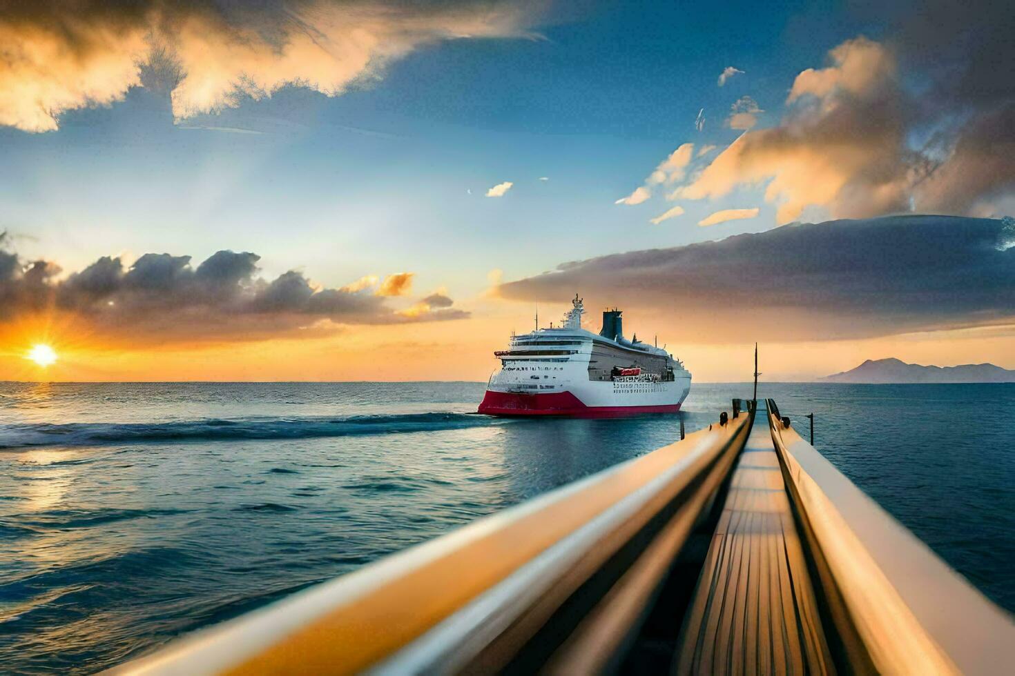 un crucero Embarcacion en el Oceano a puesta de sol. generado por ai foto