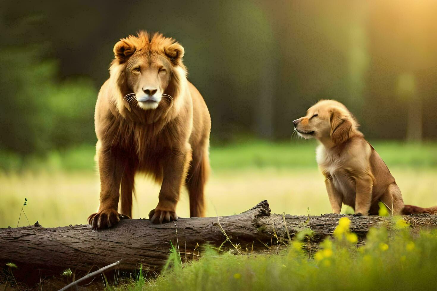 a lion and a dog standing on a log in the middle of a field. AI-Generated photo