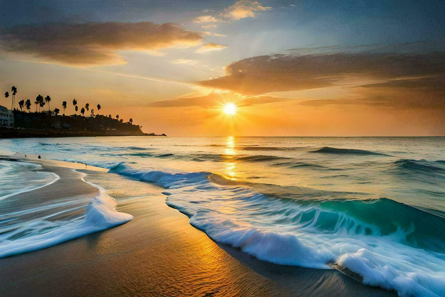 the sun rises over the ocean and waves on the beach. AI-Generated photo