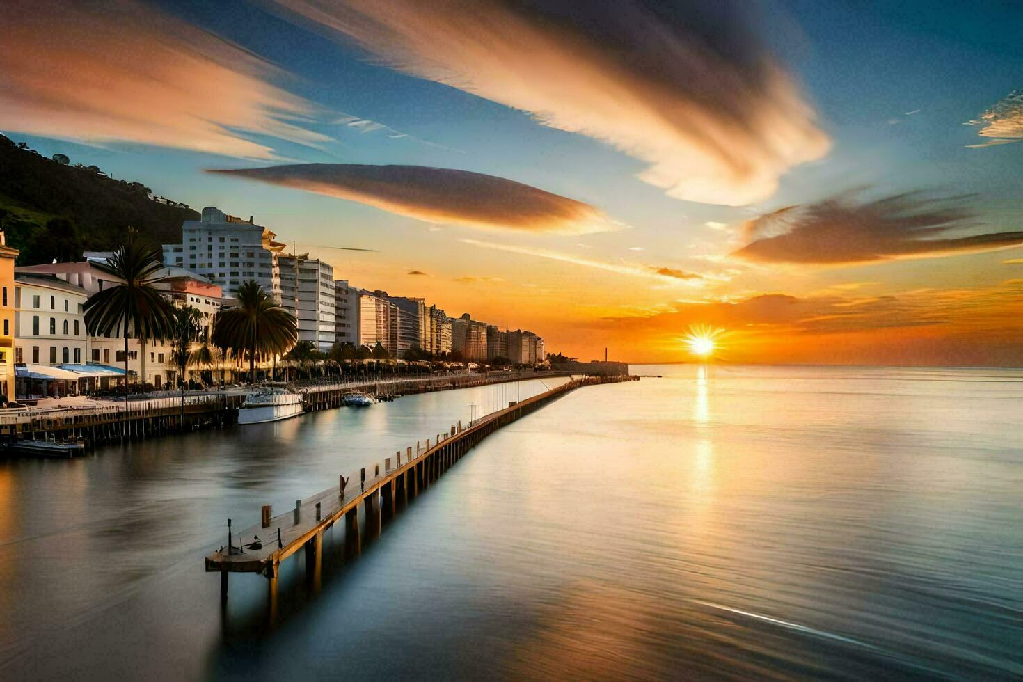 the sun sets over the ocean and buildings in porto. AI-Generated photo