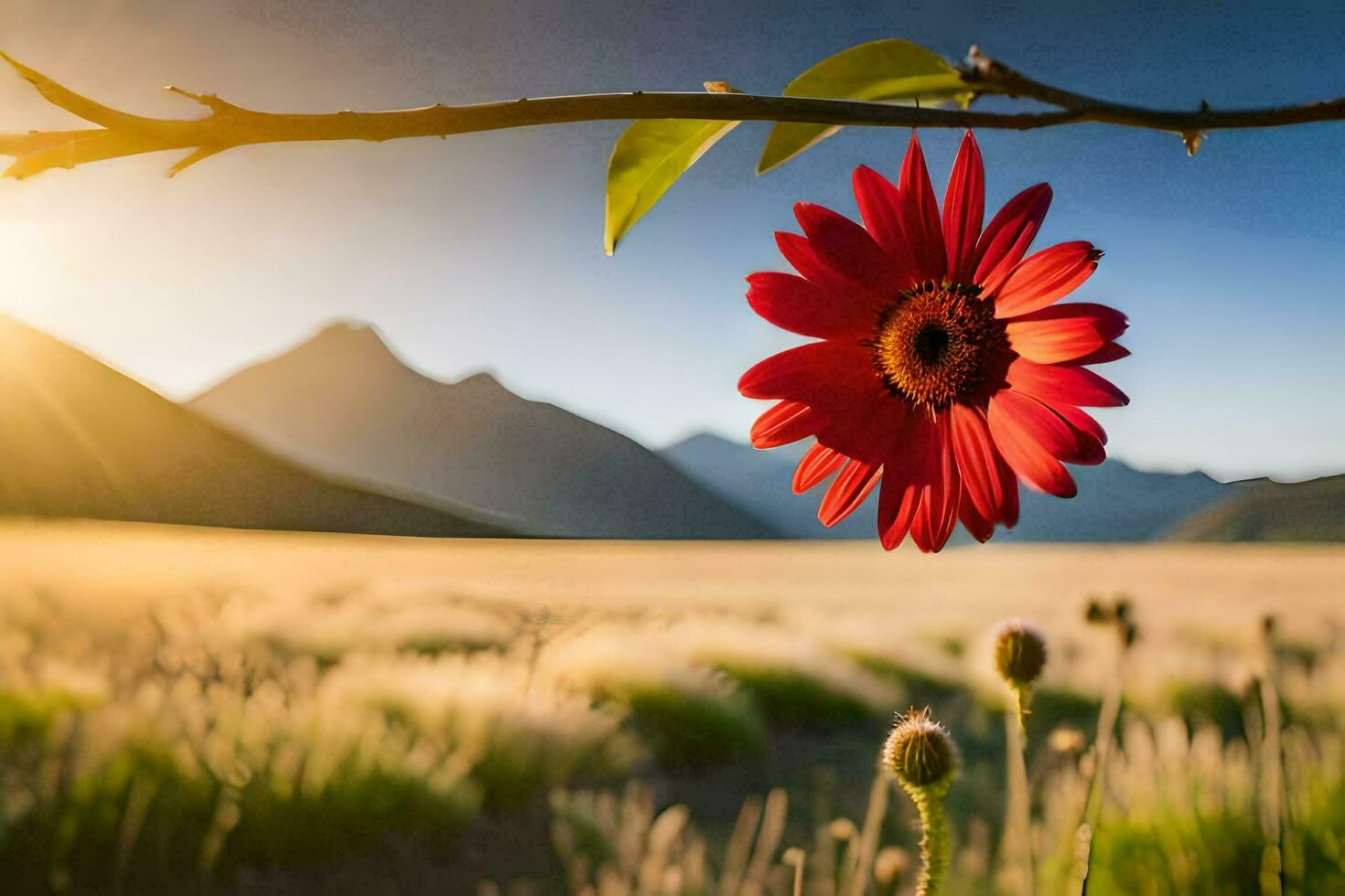 a red flower is in the middle of a field. AI-Generated photo