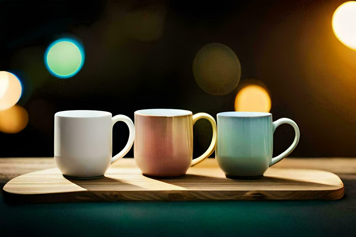 three coffee mugs on a wooden tray. AI-Generated photo