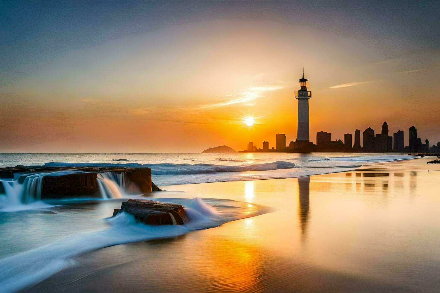 el ciudad horizonte es reflejado en el agua. generado por ai foto