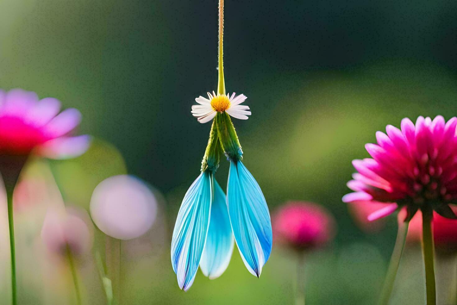 a blue flower hanging from a string. AI-Generated photo