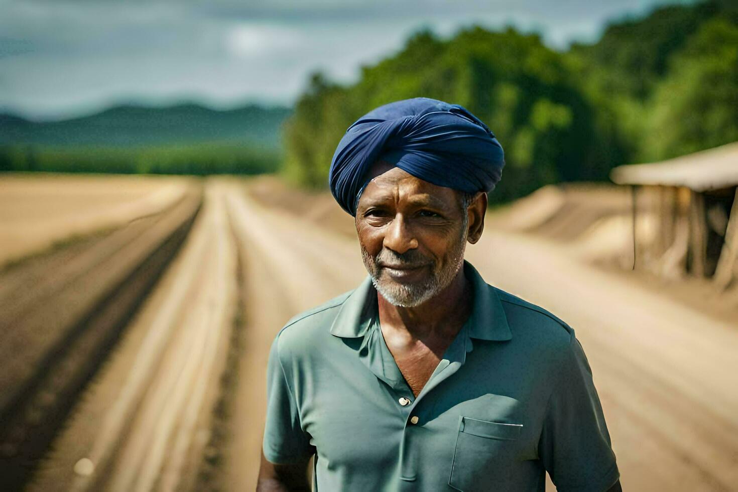 a man in a turban standing on a dirt road. AI-Generated photo