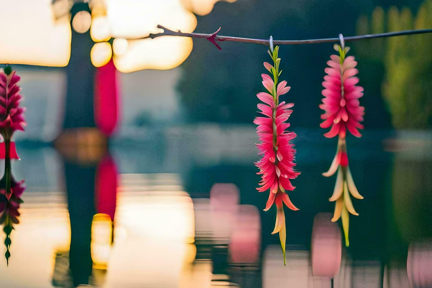 flowers hanging from a branch by the water. AI-Generated photo