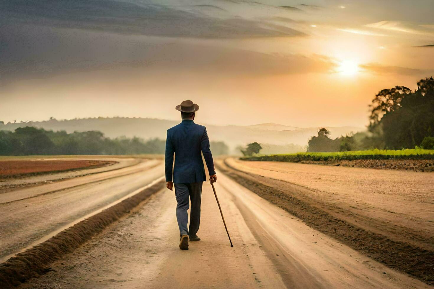 a man in a suit walks down a dirt road. AI-Generated photo