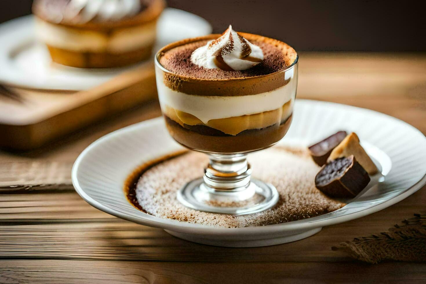 a dessert with chocolate and whipped cream on a plate. AI-Generated photo