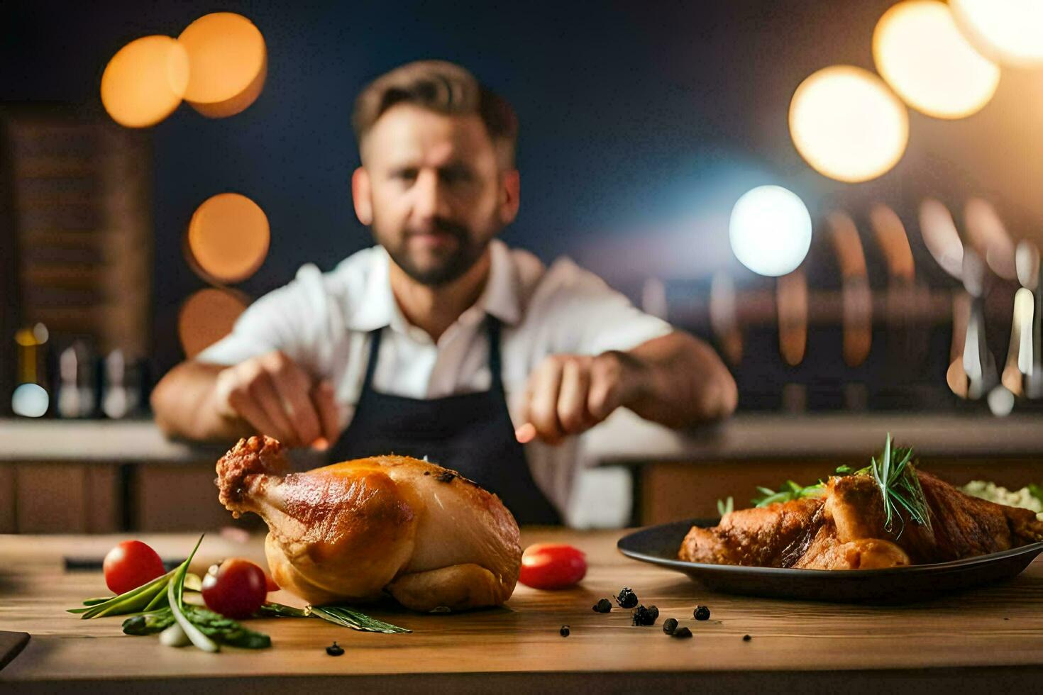 a man in an apron is preparing a roast chicken. AI-Generated photo