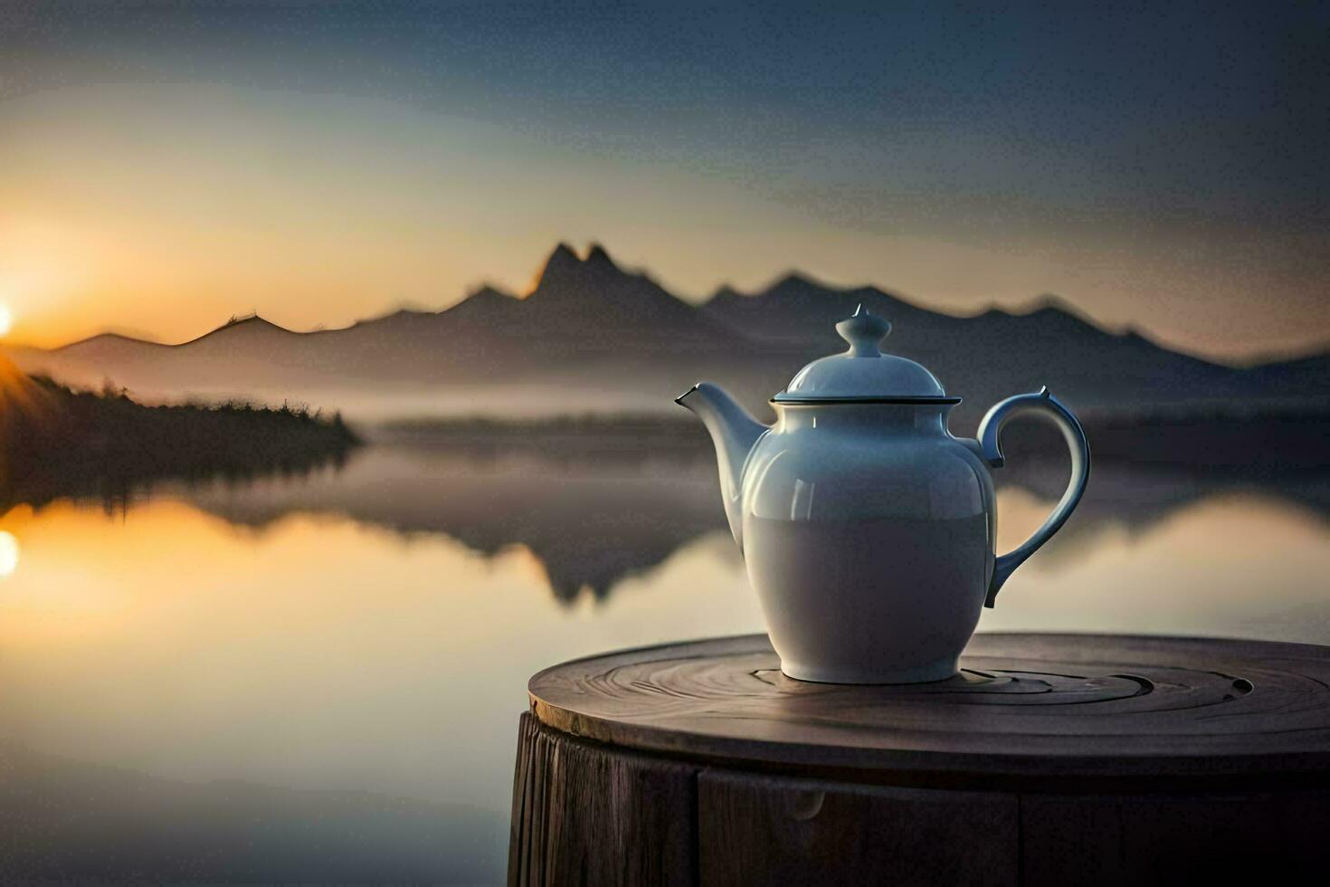 a teapot sits on a wooden table overlooking a lake. AI-Generated photo