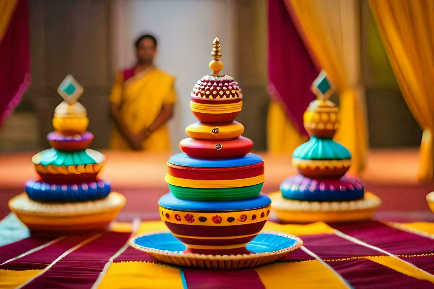 colorful rangoli on a table with a woman standing behind it. AI-Generated photo