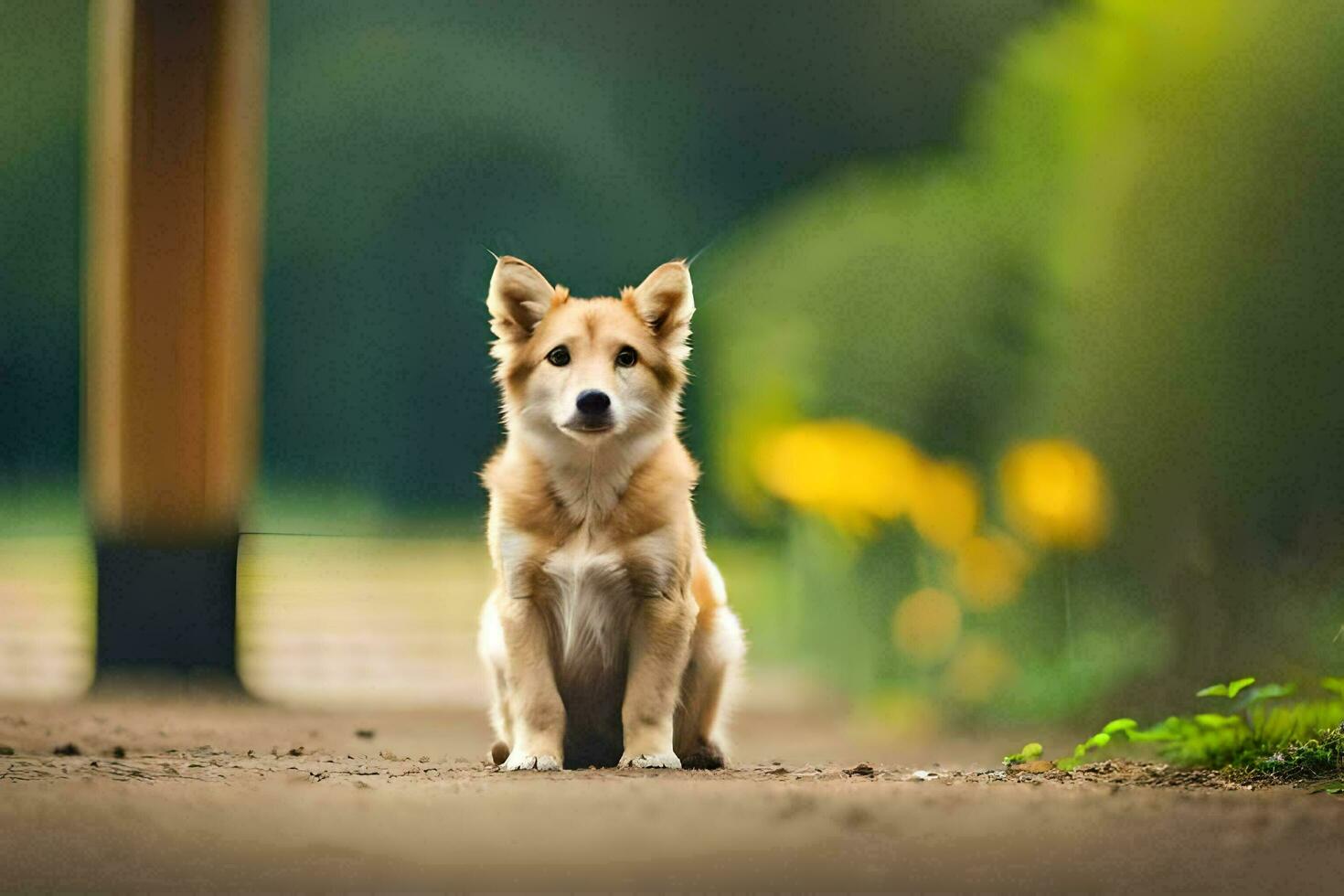 a small dog sitting on the ground in front of a wooden fence. AI-Generated photo