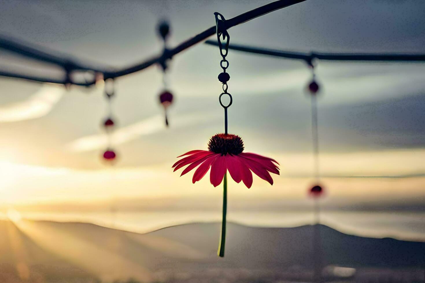 un rojo flor cuelga desde un cable con un puesta de sol en el antecedentes. generado por ai foto