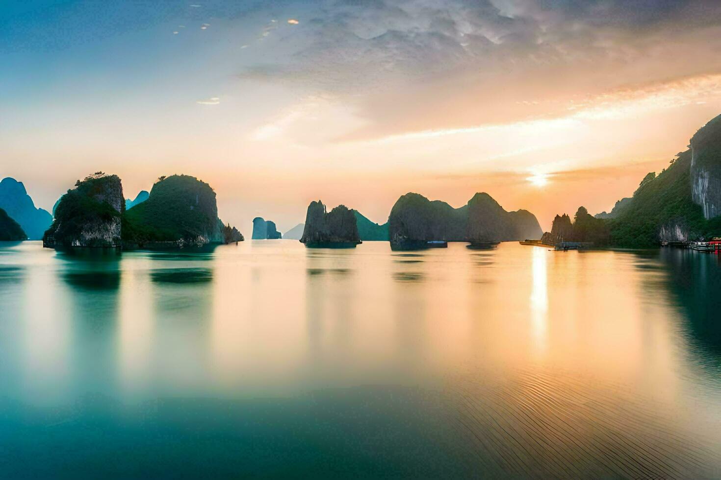 the sun sets over the water in halong bay, vietnam. AI-Generated photo