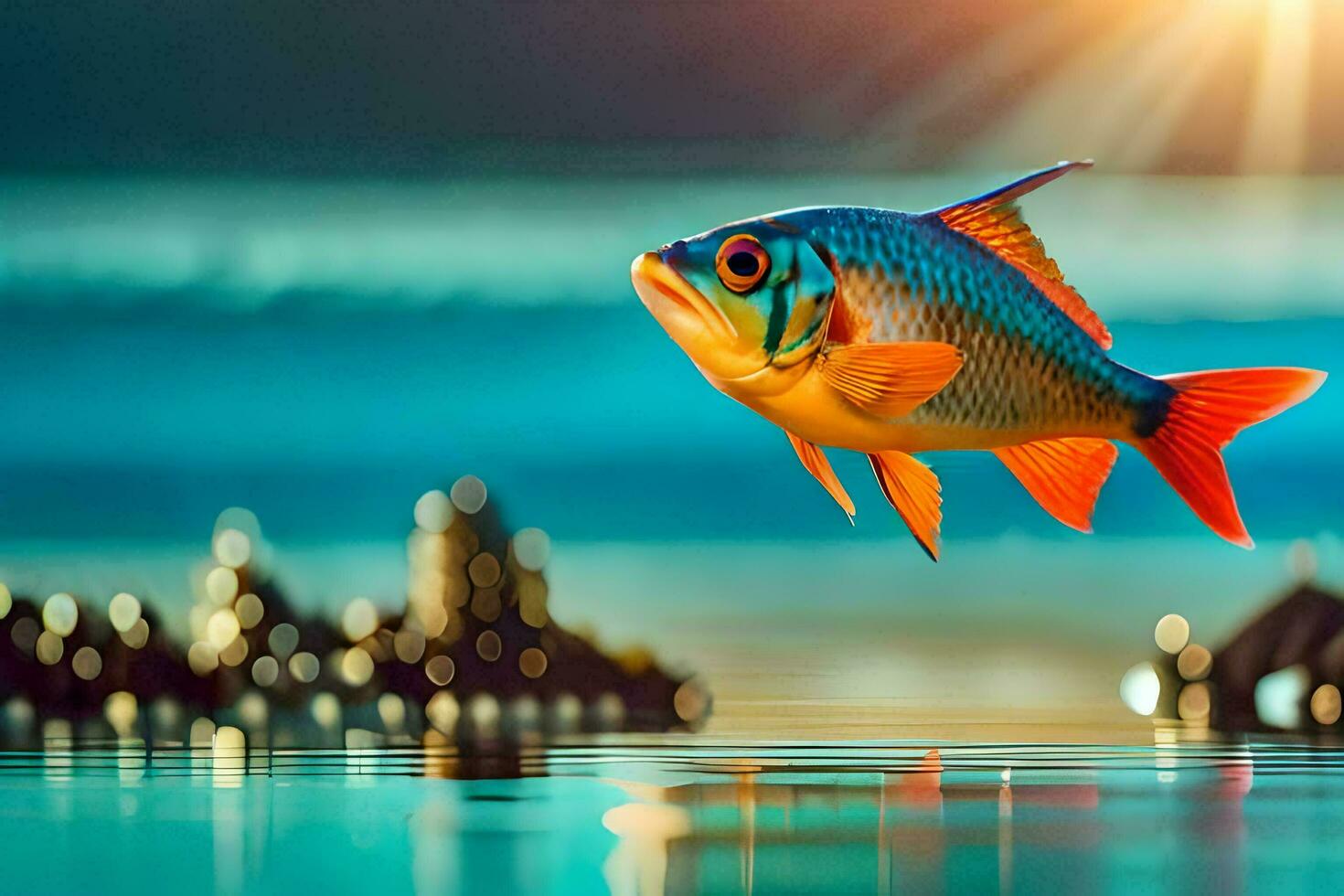 a fish is flying over the water with the sun in the background. AI-Generated photo