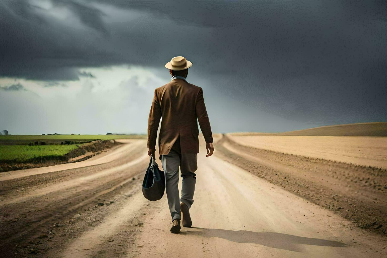 a man in a hat and suit walking down a dirt road. AI-Generated photo