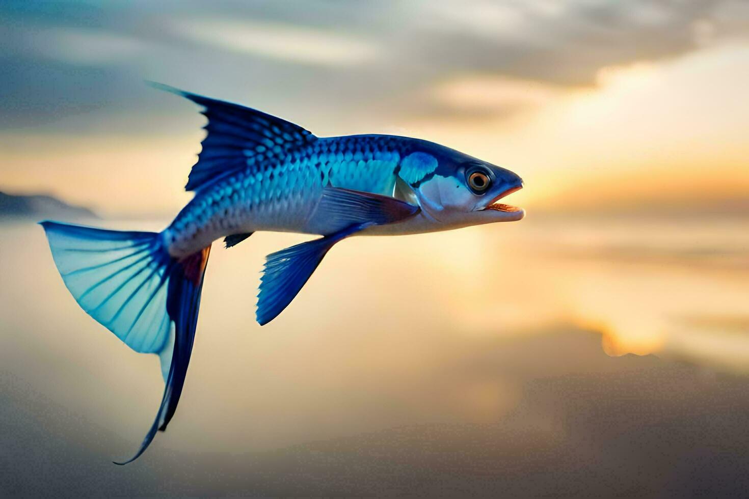 a blue fish is flying over the ocean. AI-Generated photo