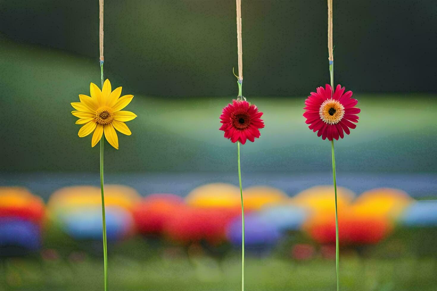 four colorful flowers hanging from strings in a field. AI-Generated photo
