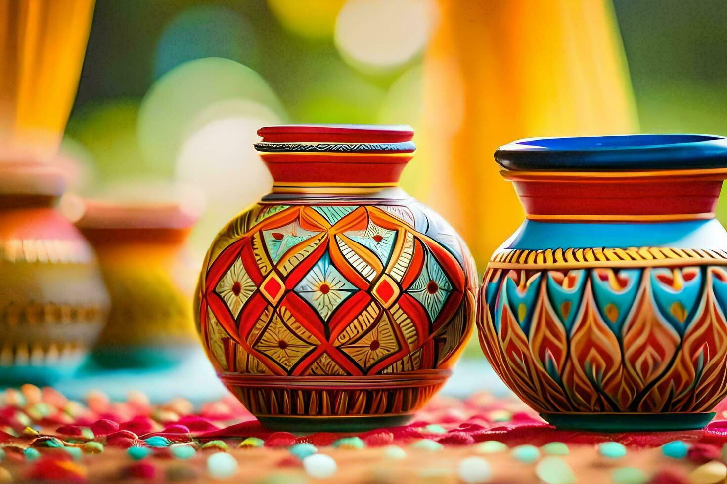 two colorful vases sitting on a table with colorful beads. AI-Generated photo