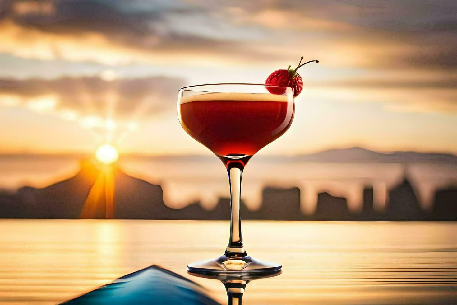 a cocktail in a glass with a sunset in the background. AI-Generated photo