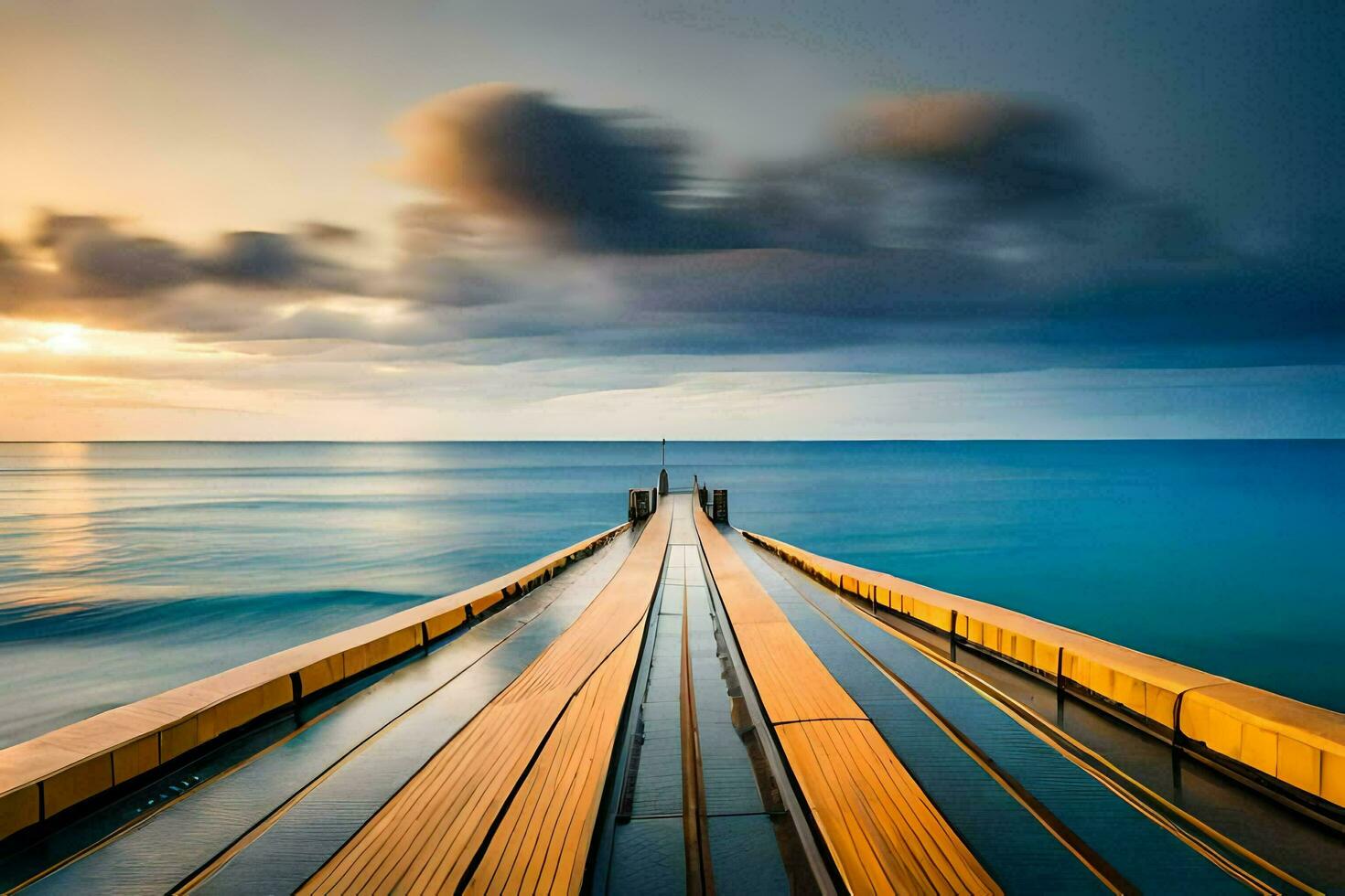 a long exposure photo of a dock at sunset. AI-Generated