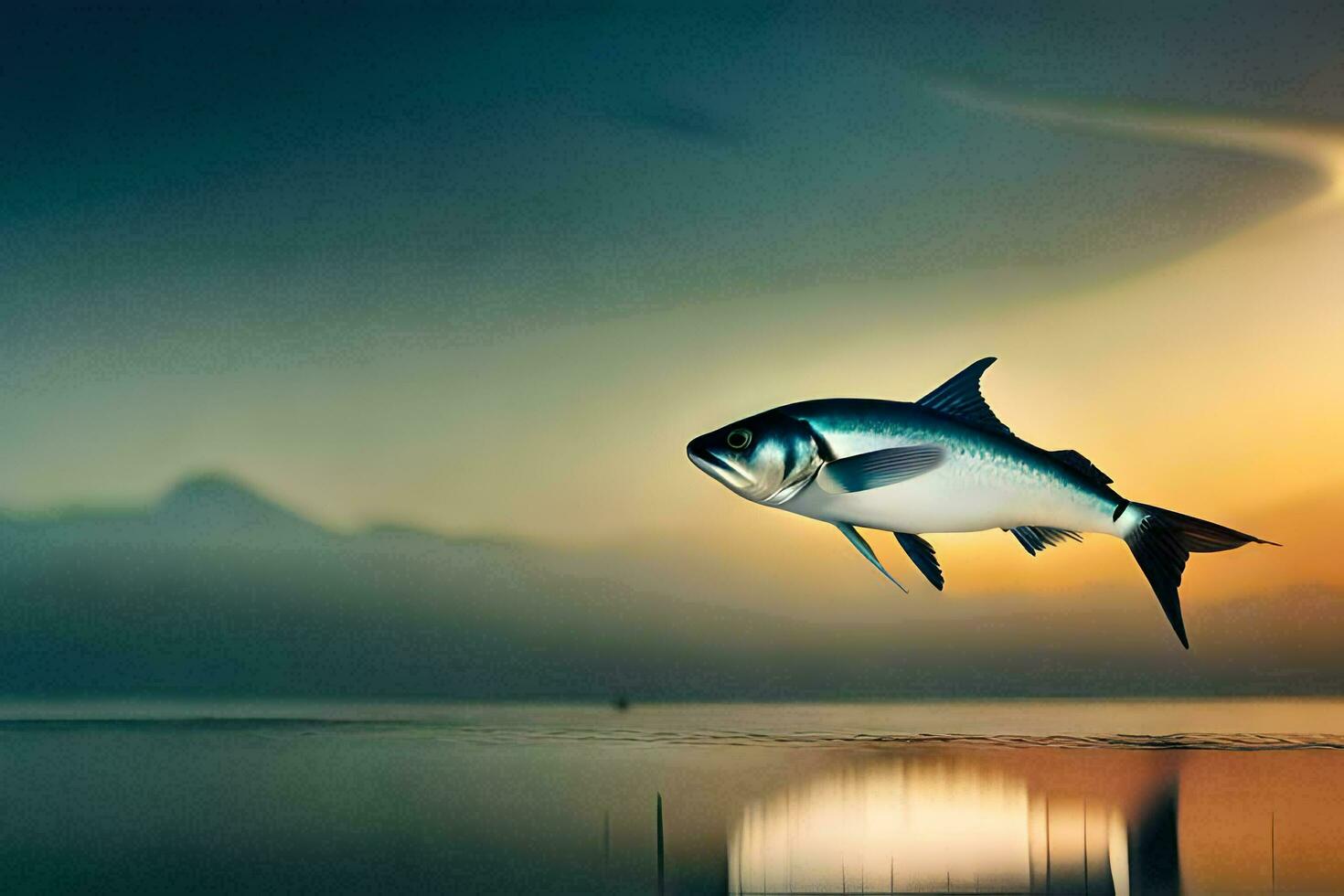 un pescado es volador terminado el agua a puesta de sol. generado por ai foto