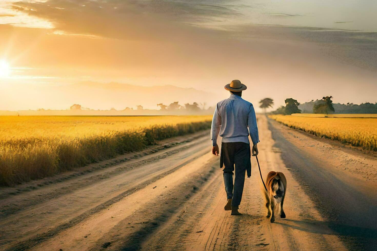 a man walking his dog on a dirt road at sunset. AI-Generated photo