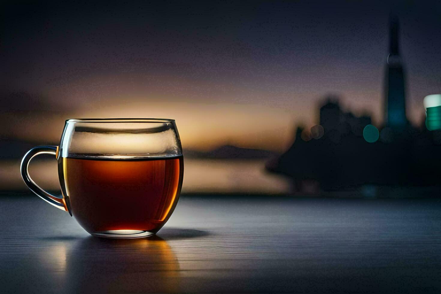 a glass cup of tea sits on a table in front of a city skyline. AI-Generated photo