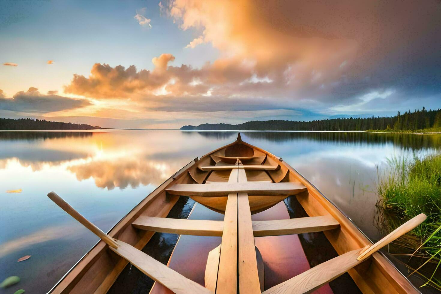 a canoe is docked on the shore of a lake at sunset. AI-Generated photo
