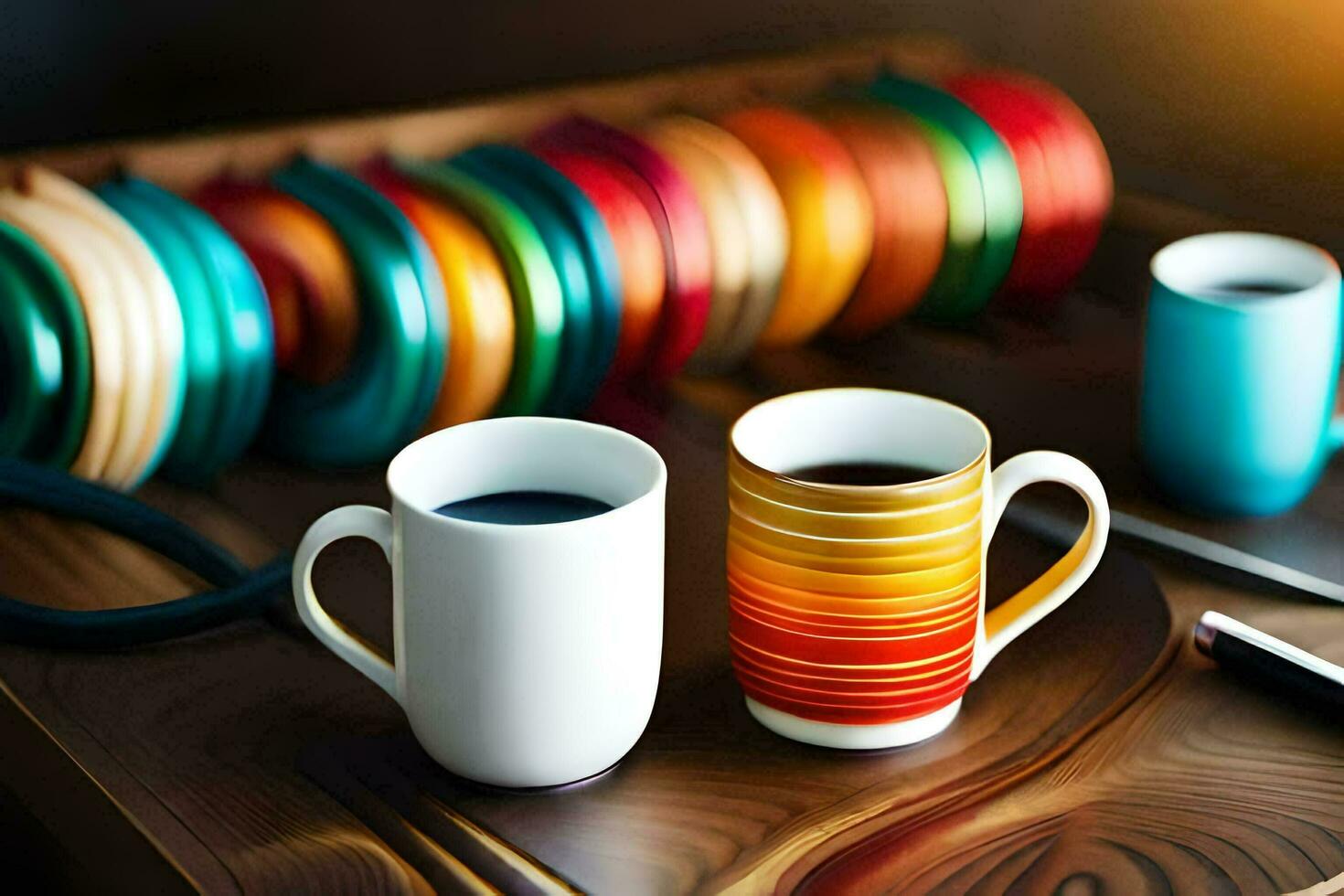 two coffee cups sit on a table next to a stack of colorful plates. AI-Generated photo