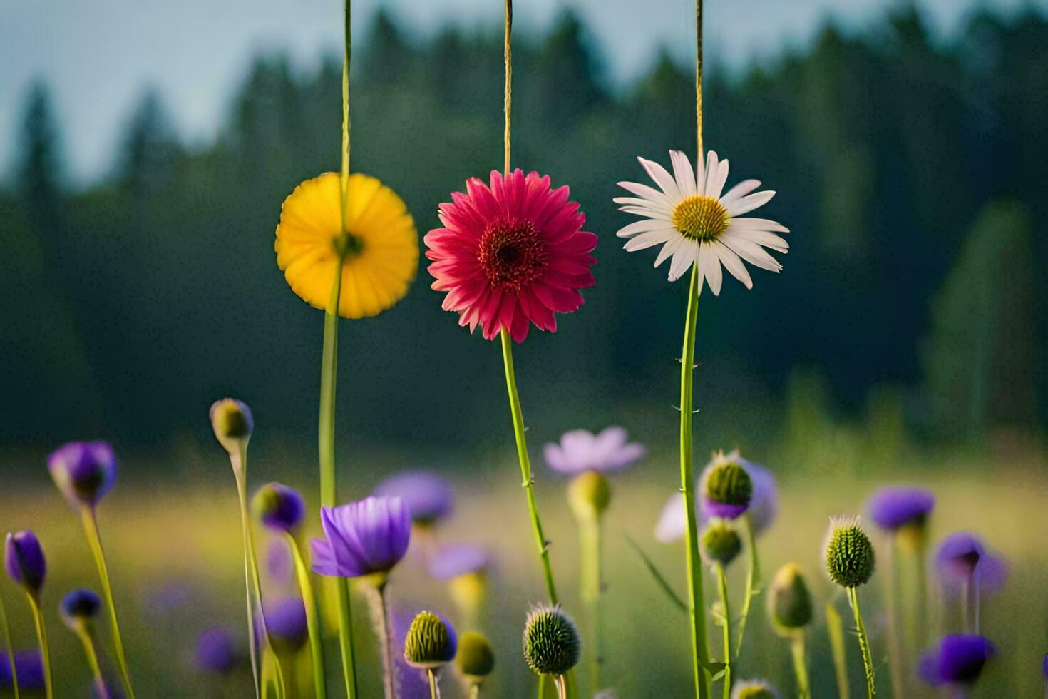 three flowers hanging from a string in a field. AI-Generated photo