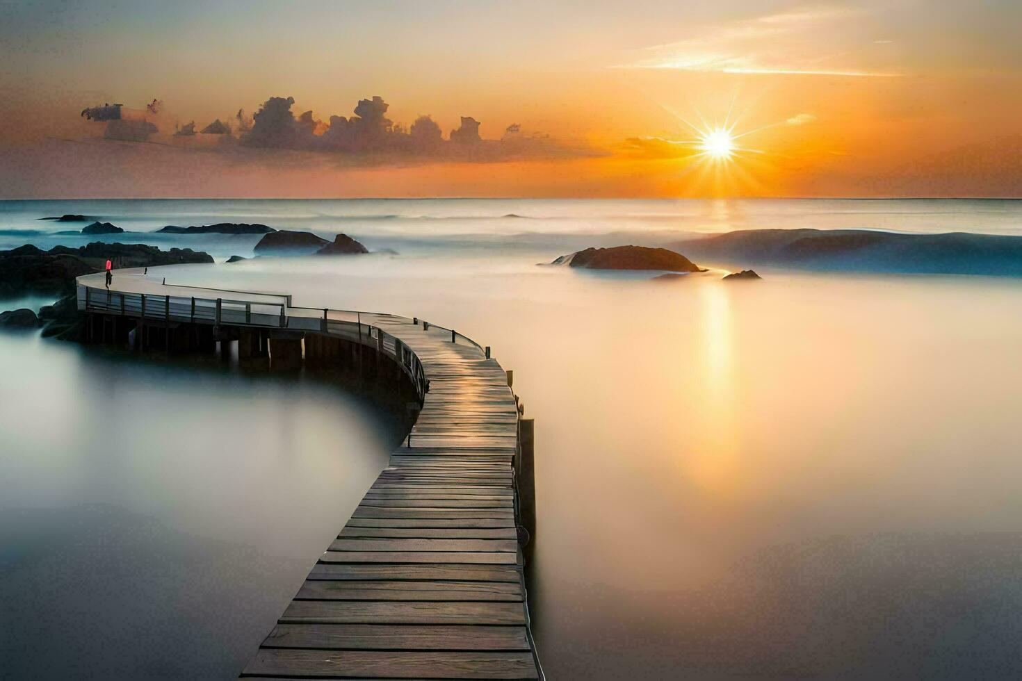 a wooden boardwalk leads to the ocean at sunset. AI-Generated photo