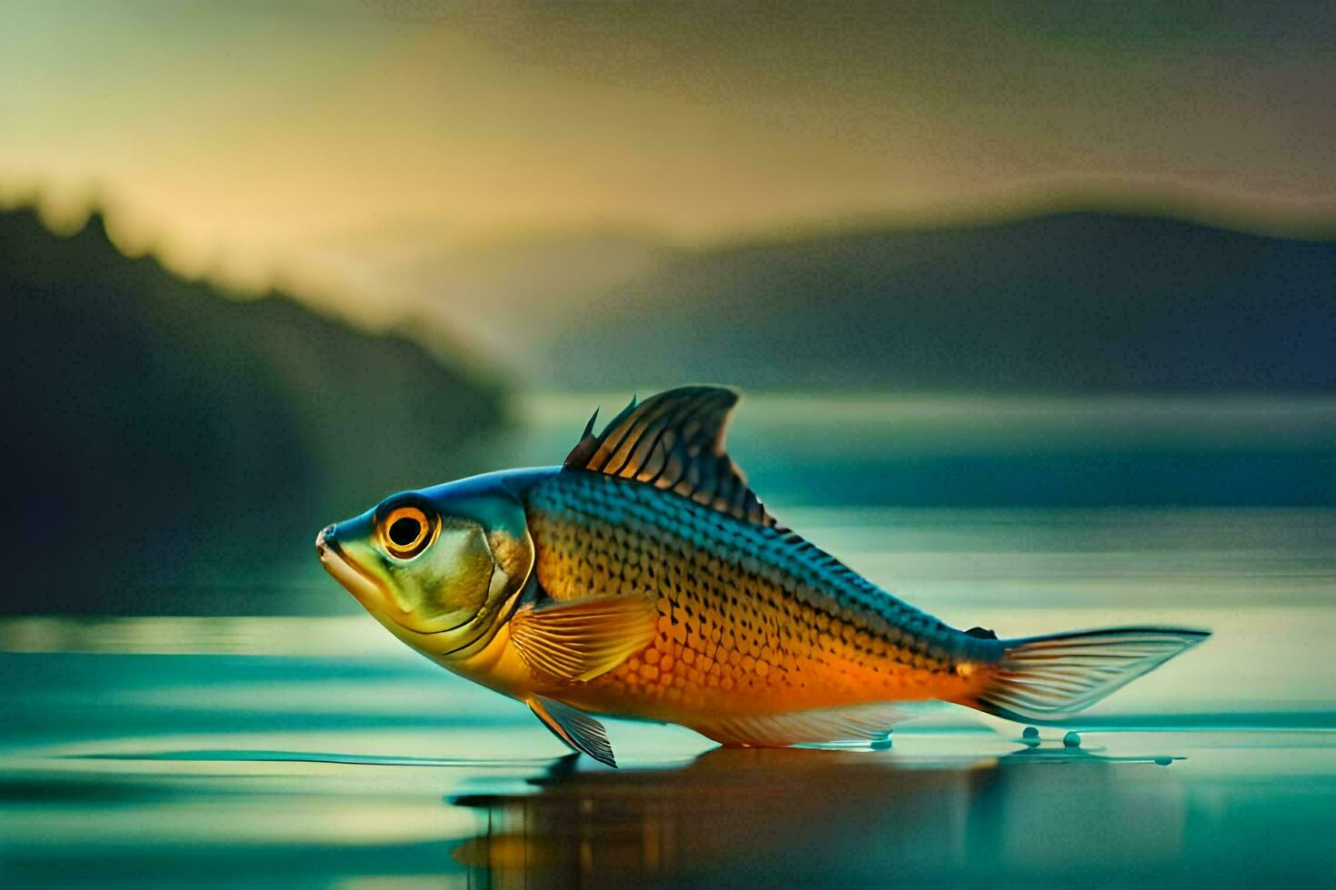 a fish is floating on the water at sunset. AI-Generated photo