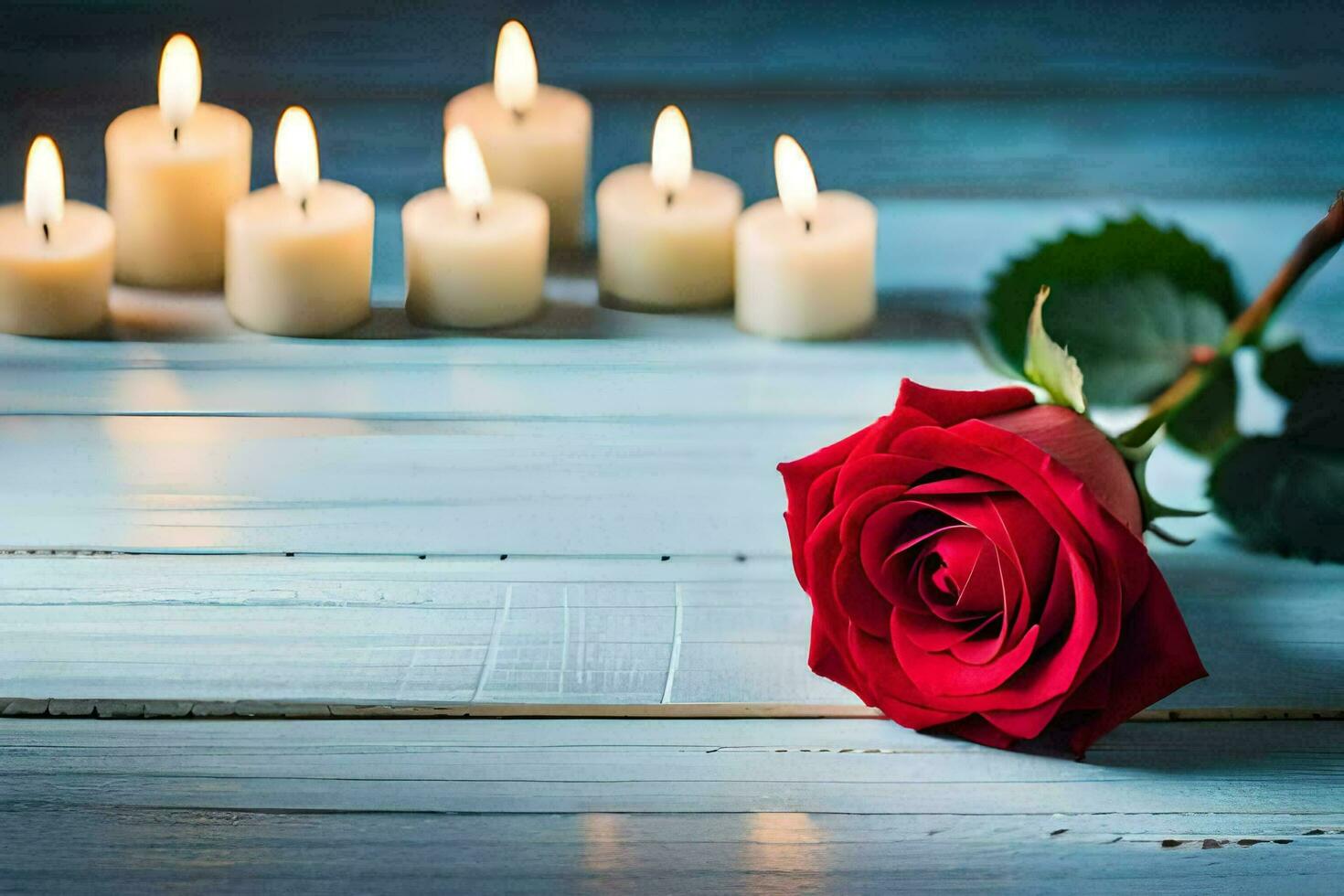 a single red rose and several candles on a wooden table. AI-Generated photo