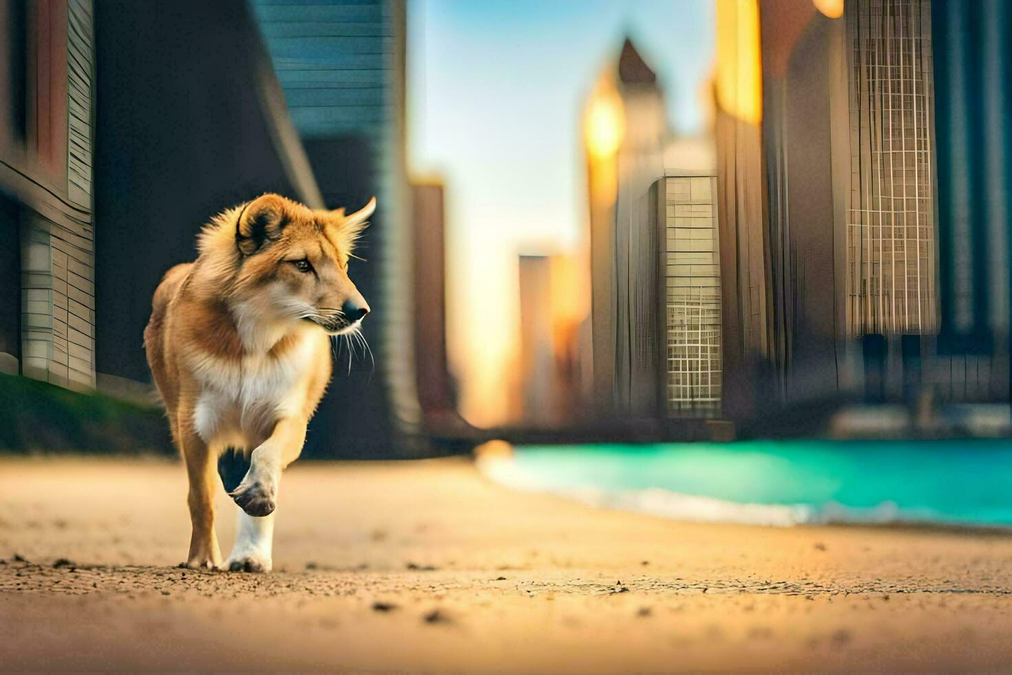 a dog walking along the beach in front of a city. AI-Generated photo