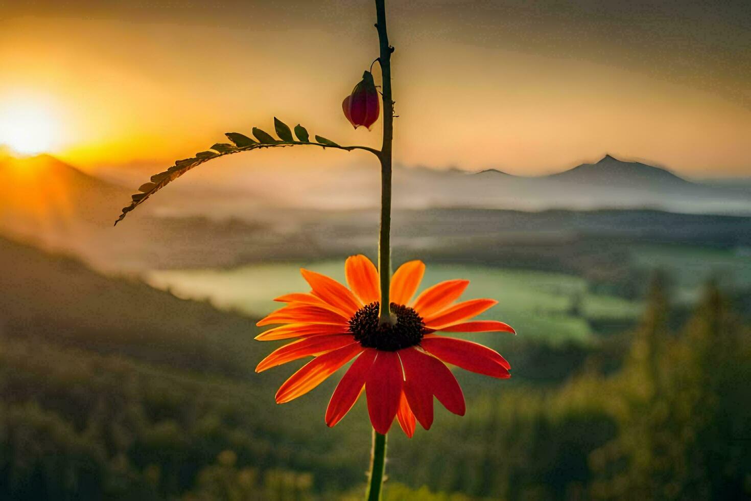a red flower is standing in front of a mountain at sunset. AI-Generated photo