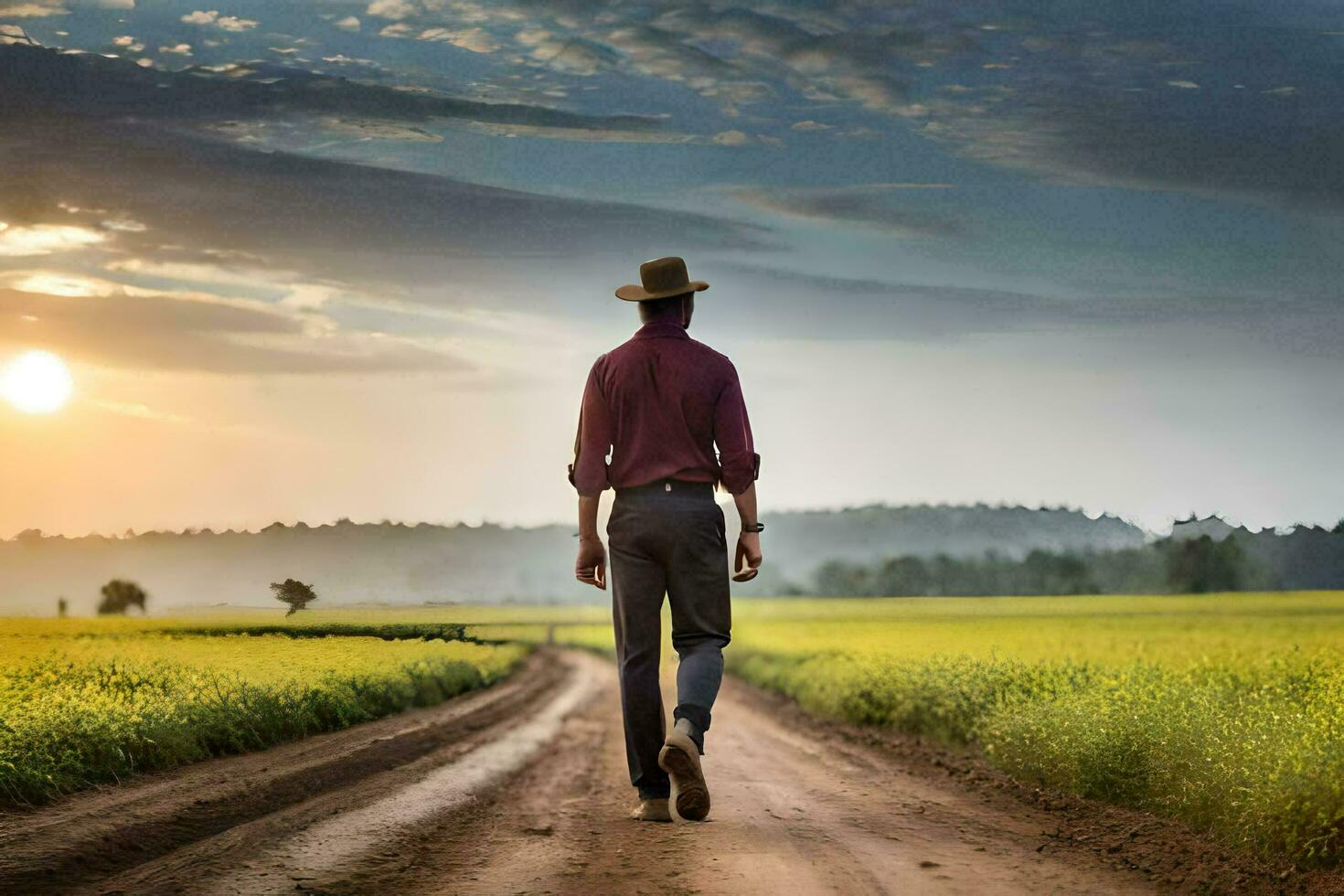 man walking on dirt road in field with sun setting. AI-Generated photo