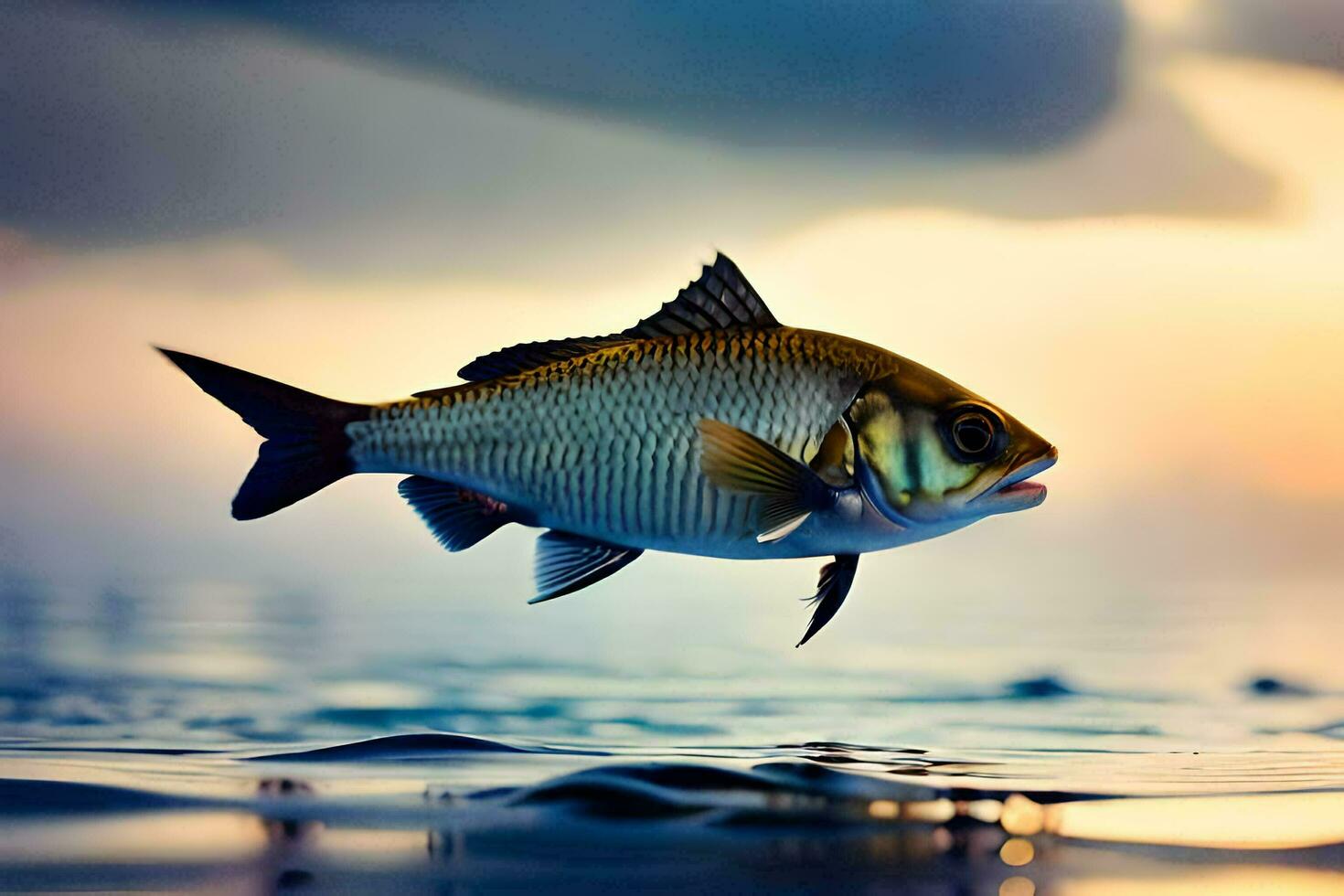 a fish is flying over the water at sunset. AI-Generated photo