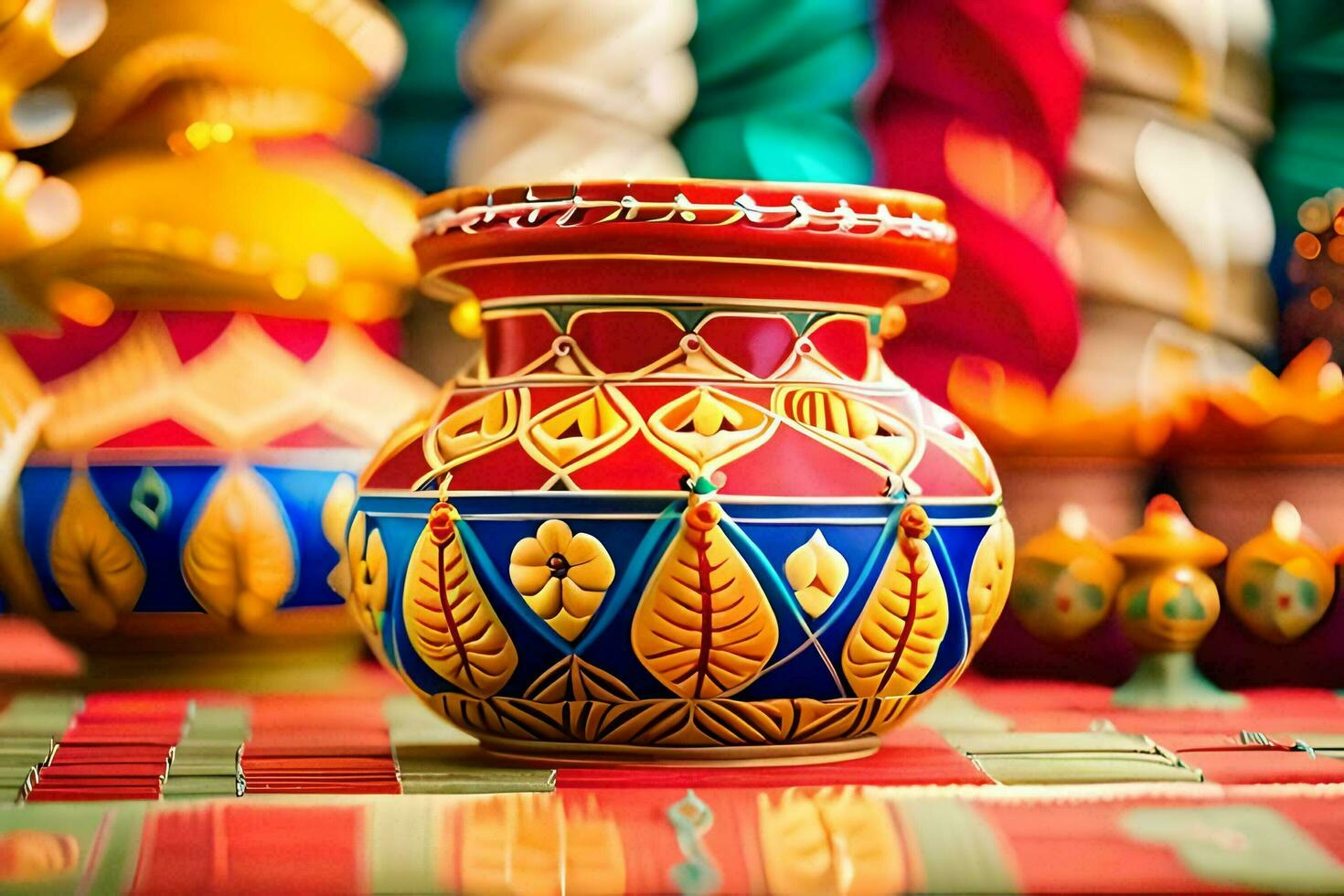 colorful vases on a table with colorful decorations. AI-Generated photo