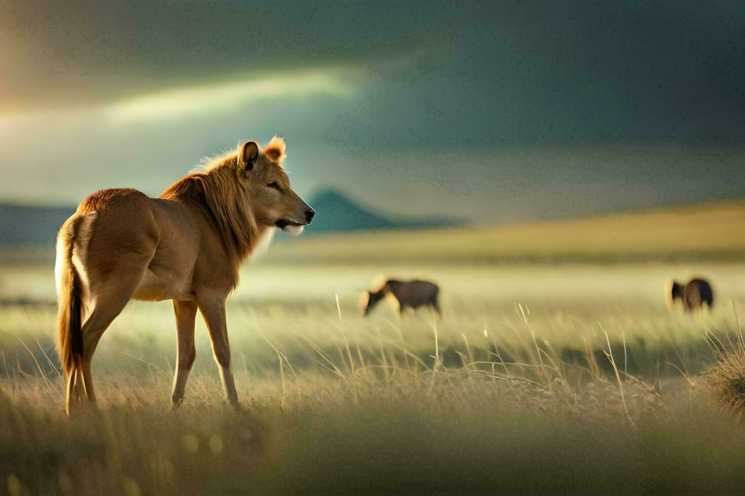 un león soportes solo en el medio de un campo. generado por ai foto