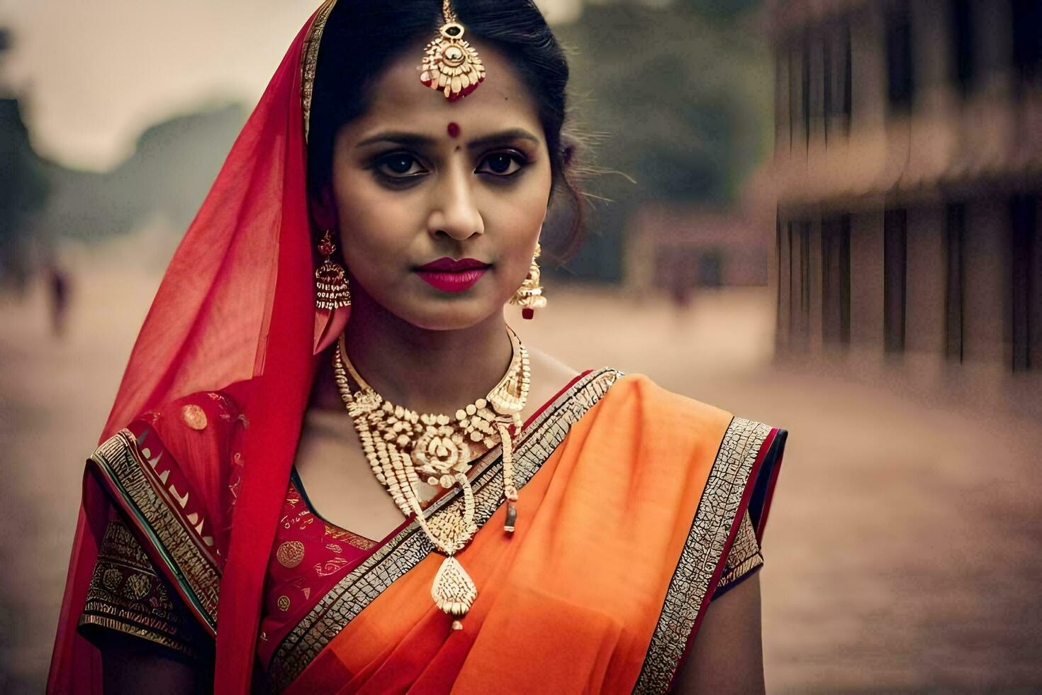 a beautiful indian woman wearing an orange sari. AI-Generated photo