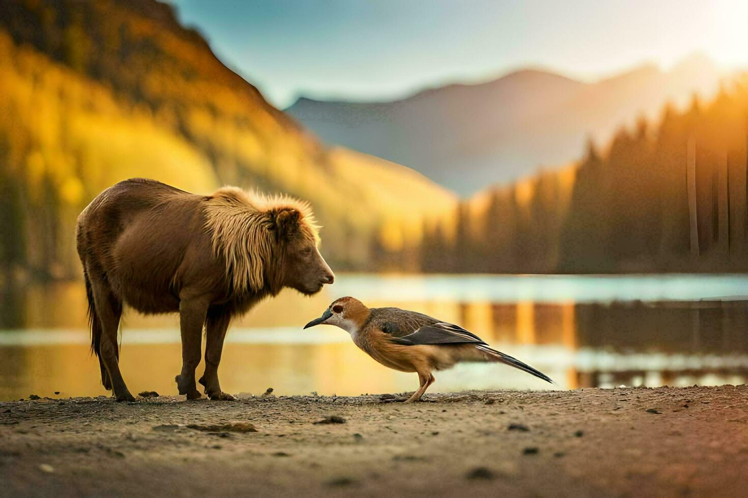 a horse and a bird standing next to each other. AI-Generated photo
