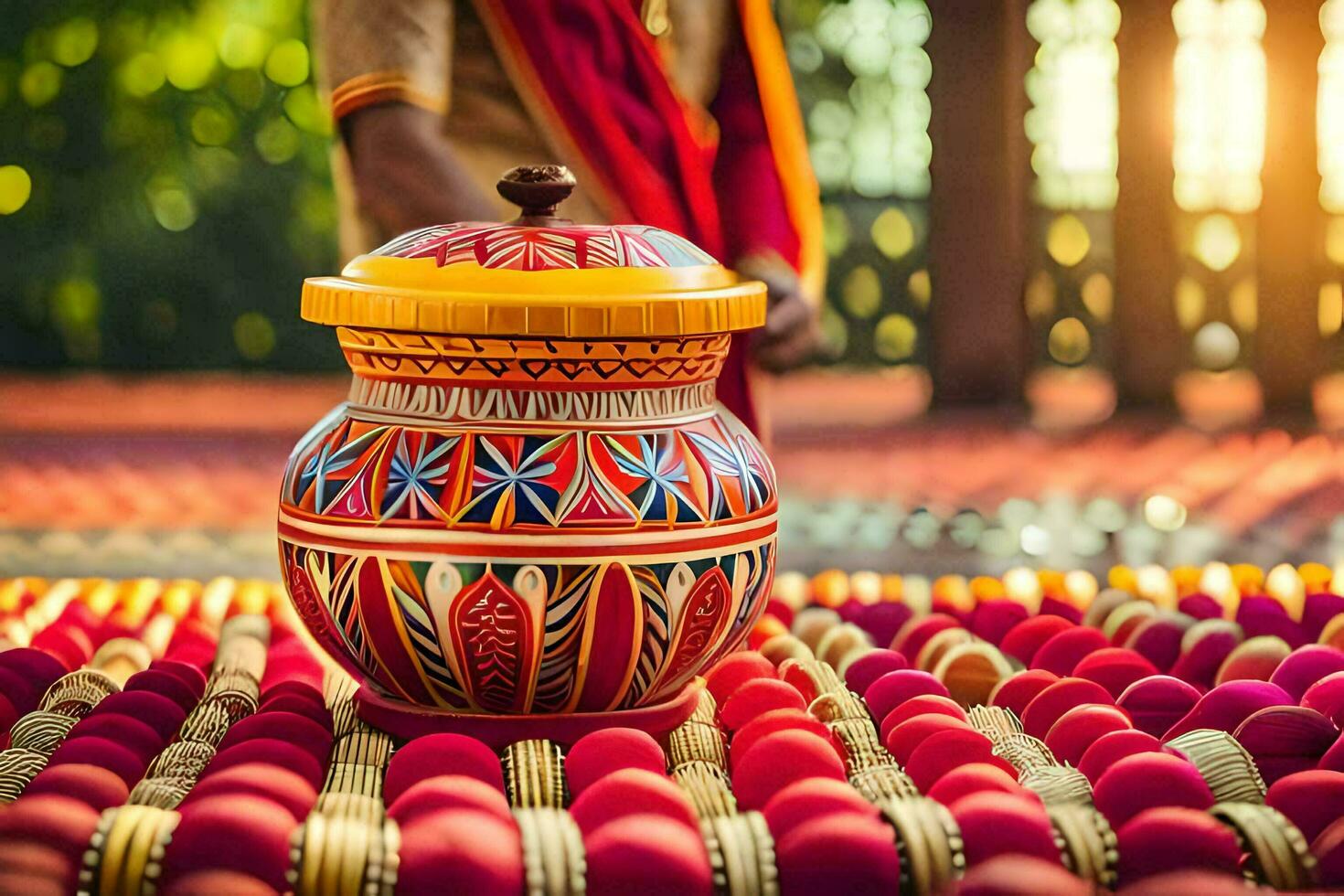 a colorful pot sitting on a red rug. AI-Generated photo