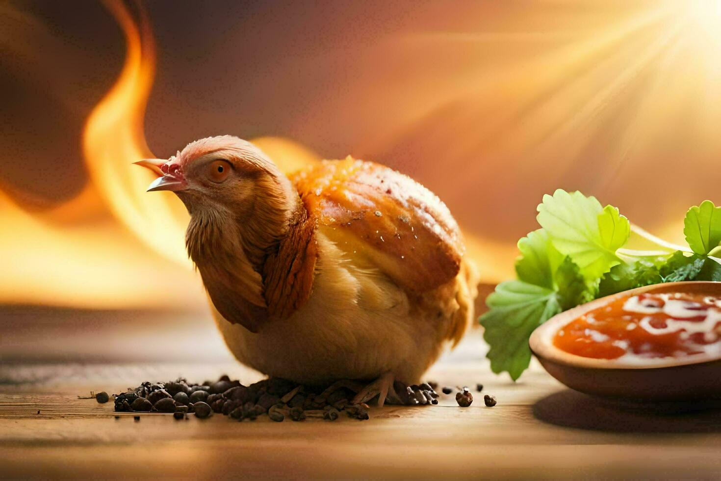 a chicken is standing on a wooden table with spices and herbs. AI-Generated photo