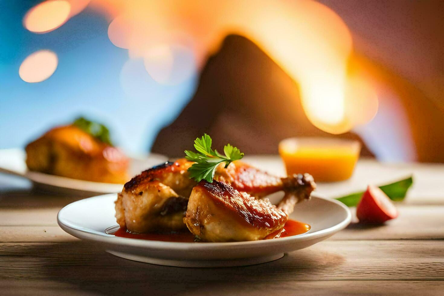 chicken on a plate with sauce and garnish. AI-Generated photo