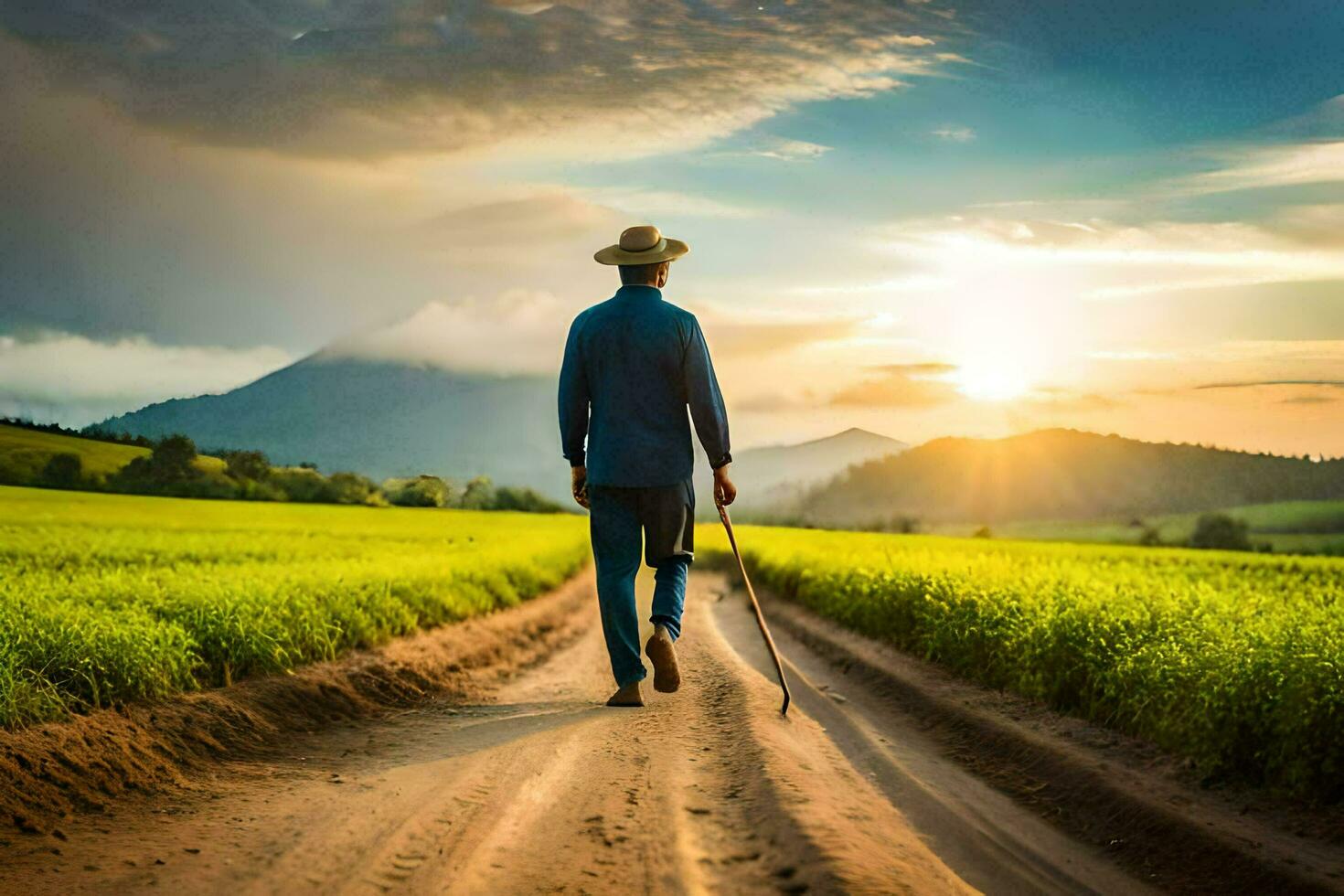 a man walking on a dirt road in a field. AI-Generated photo