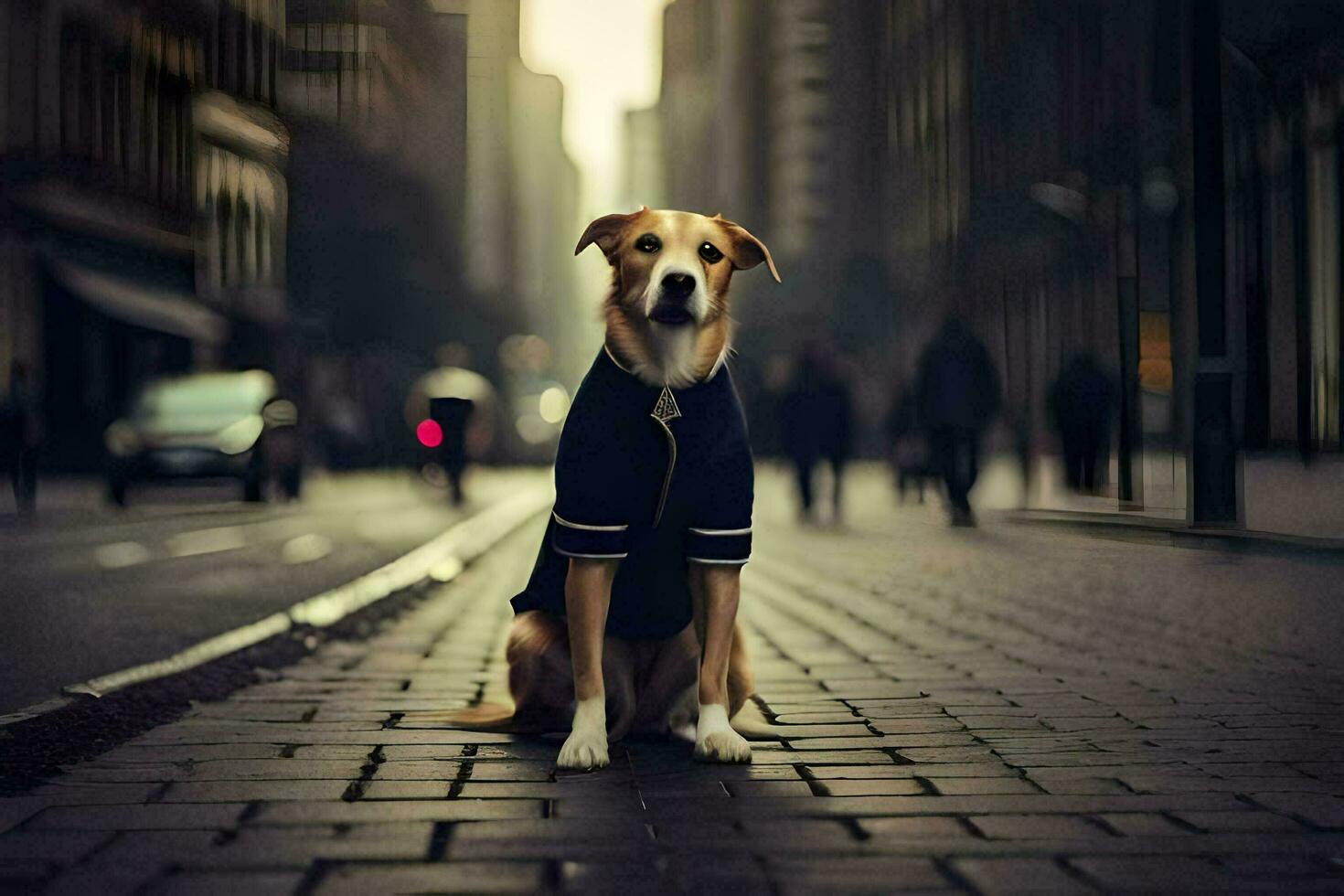 a dog wearing a jacket sits on the street. AI-Generated photo