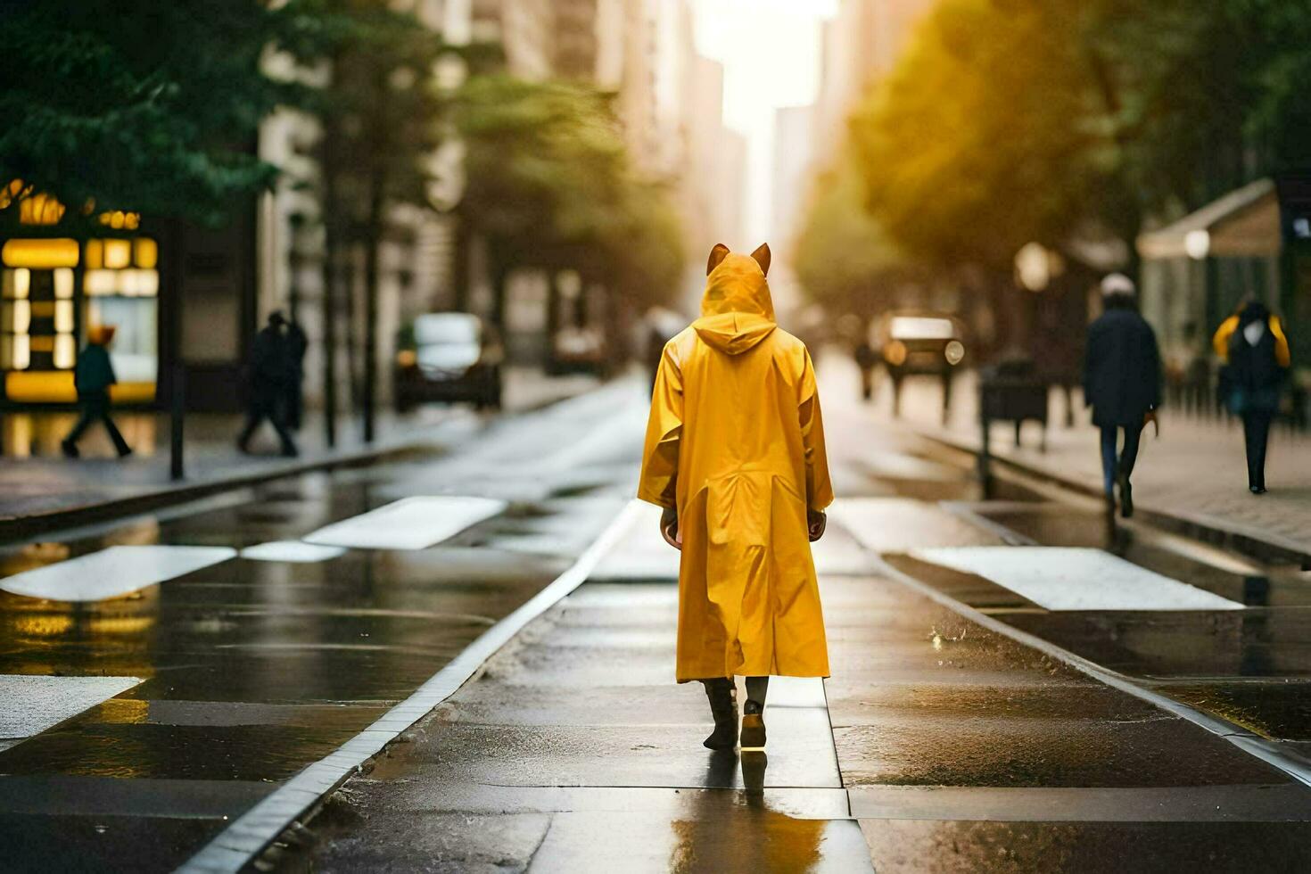 a person in a yellow raincoat walking down a street. AI-Generated photo