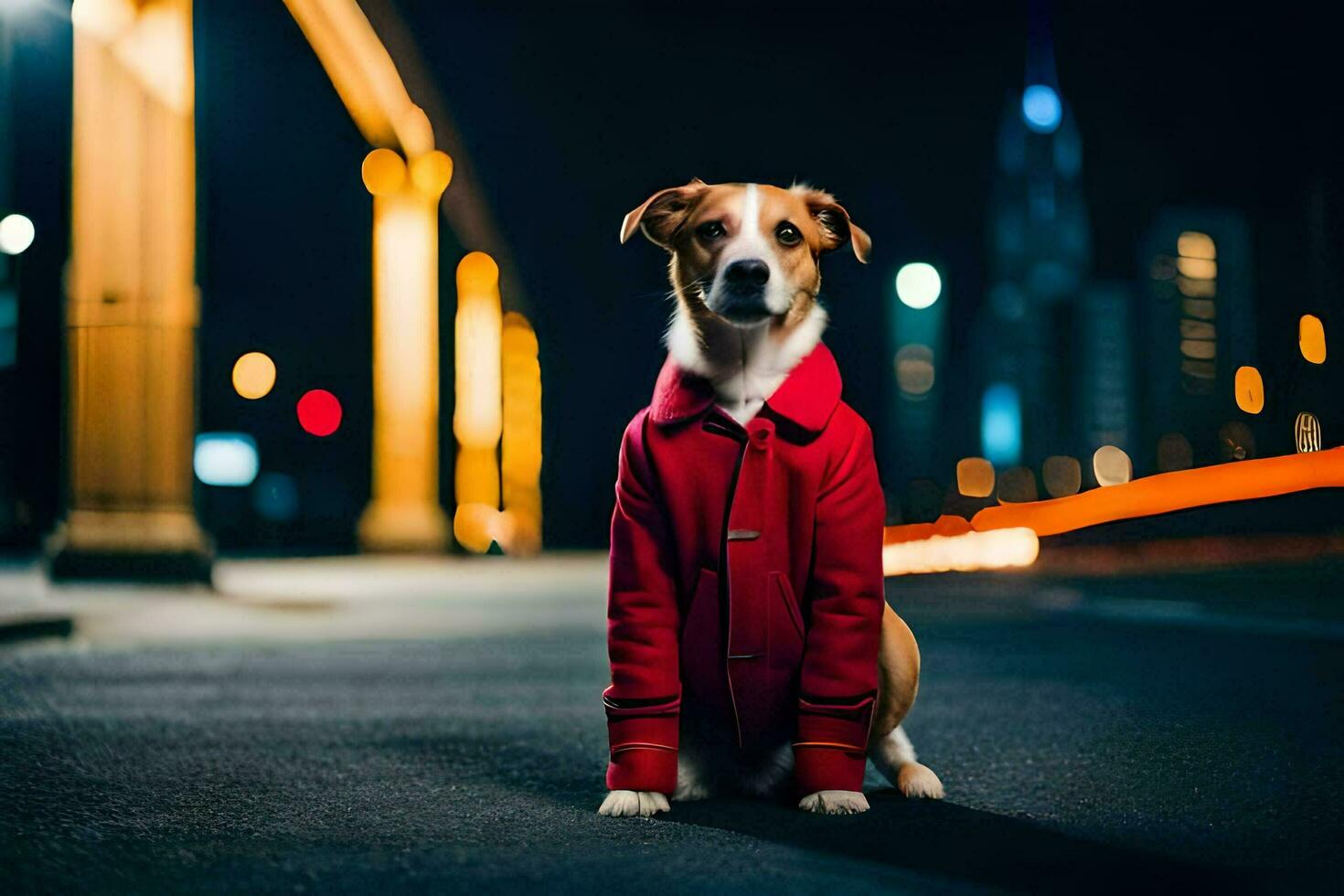 a dog wearing a red jacket sitting on the street at night. AI-Generated photo